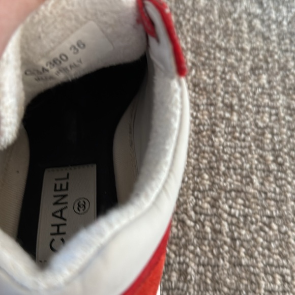 Chanel Red White Tweed Trainer Sneakers Shoes 36